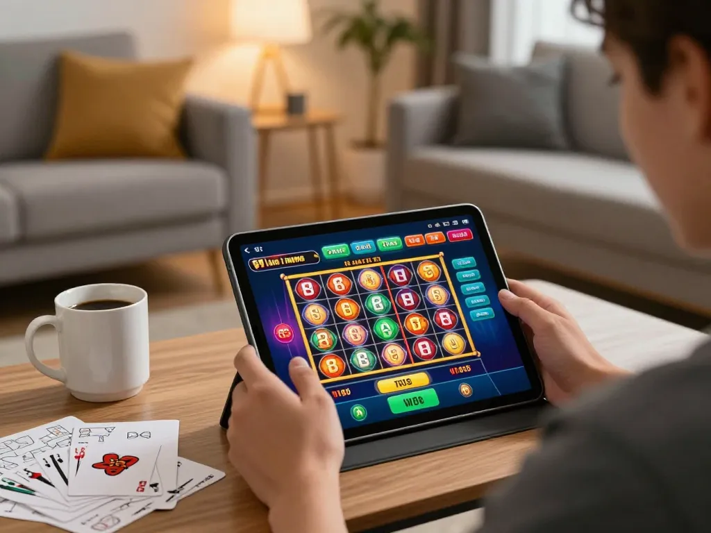 Link W88 displayed on tablet as a player engages in online gambling from a cozy home setup.