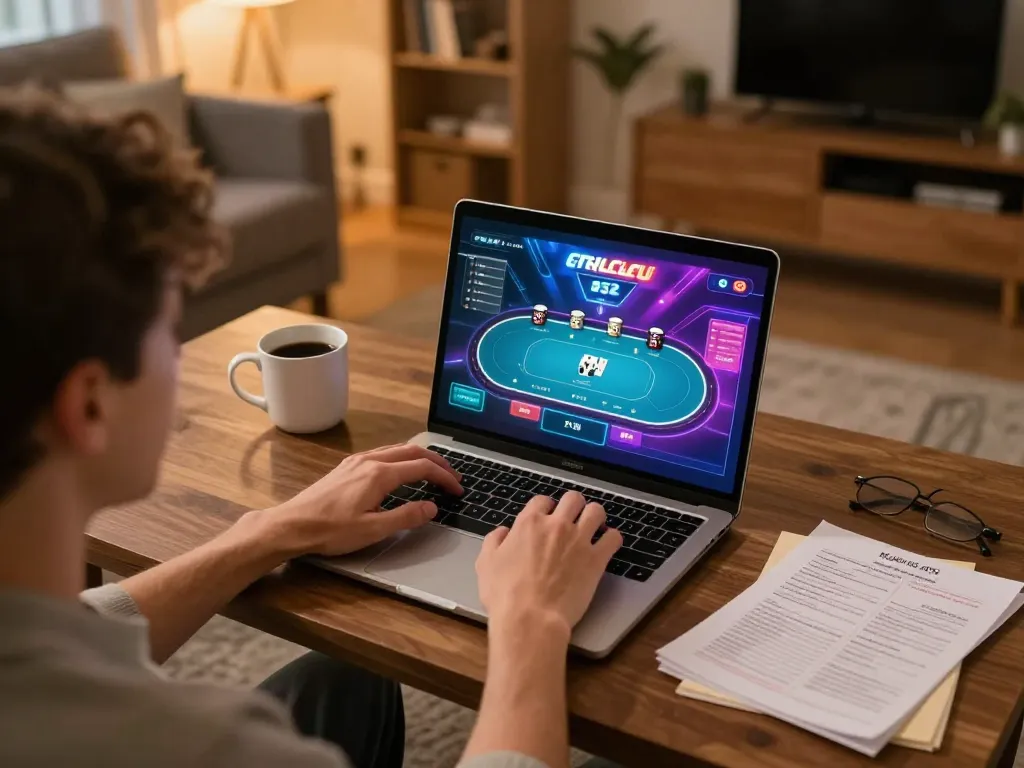 B52 club player engaging in online poker from home, showcasing gaming interface and strategy notes in a cozy setting.