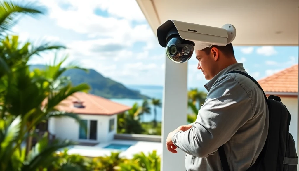 Instalación de una cámara de seguridad que muestra alarmas de seguridad en una casa tropical de Guanacaste.