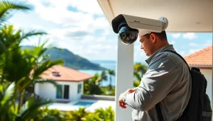 Instalación de una cámara de seguridad que muestra alarmas de seguridad en una casa tropical de Guanacaste.