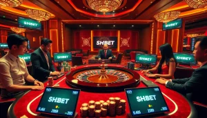 SHBET casino scene showcasing luxury gaming with vibrant atmosphere and high-stakes action.