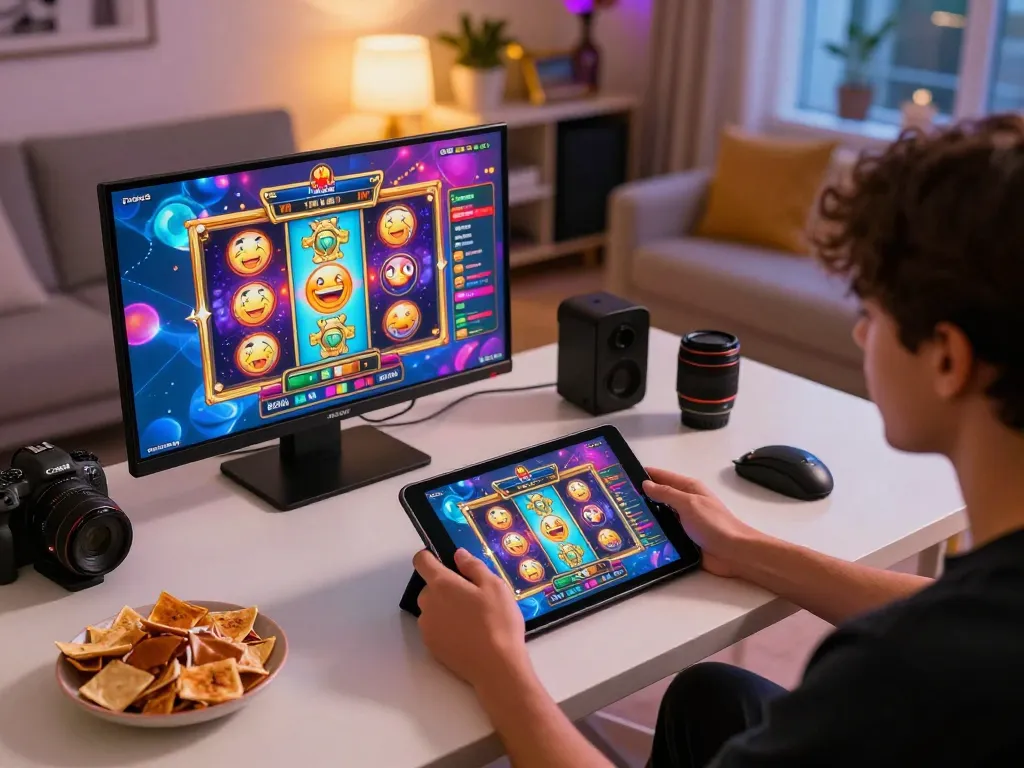 Engaged online player enjoying situs slot gacor on a tablet surrounded by snacks and ambient lighting