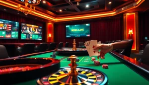 Scène de jeu de casino en ligne avec des tables vibrantes, des jetons de poker et une roue de roulette.