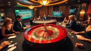 Players engaging in an exciting casino game at x88.agency with roulette wheel and vibrant betting atmosphere