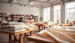 Bekijk stoffen webshop nederland met stijlvolle en kleurrijke stoffen op een houten tafel.