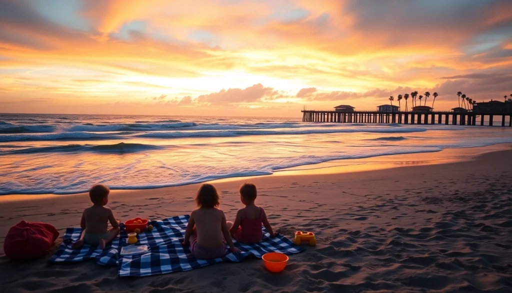 Experience the beauty of Myrtle Beach with a vibrant sunset view showcasing families enjoying the beach.