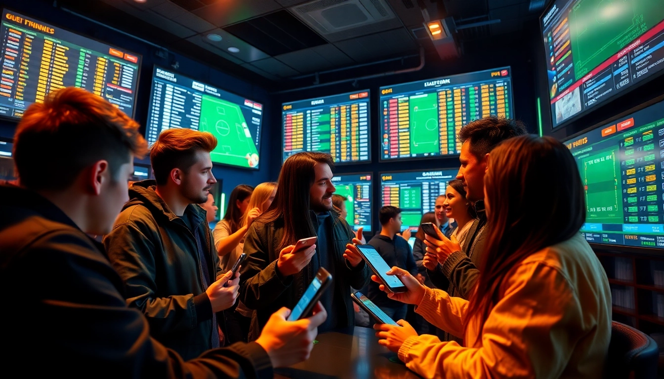 The vibrant scene showcasing fans analyzing tỷ lệ kèo and engaging in sports betting predictions in a dynamic sports bar.