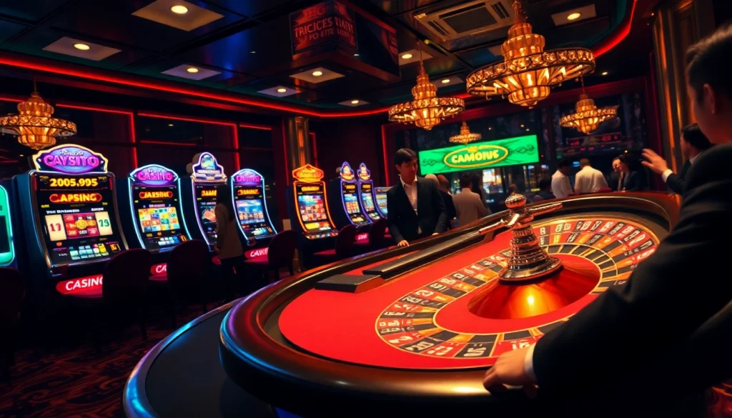 Jeu à enjeux élevés dans un casino en ligne luxueux, mettant en valeur des tables vibrantes et une roulette tournante.