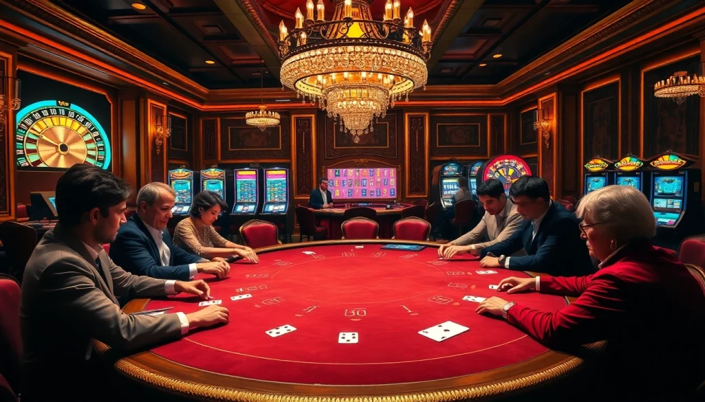 Scène excitante de casino en ligne avec jeu de poker, jetons et machines à sous vibrantes.