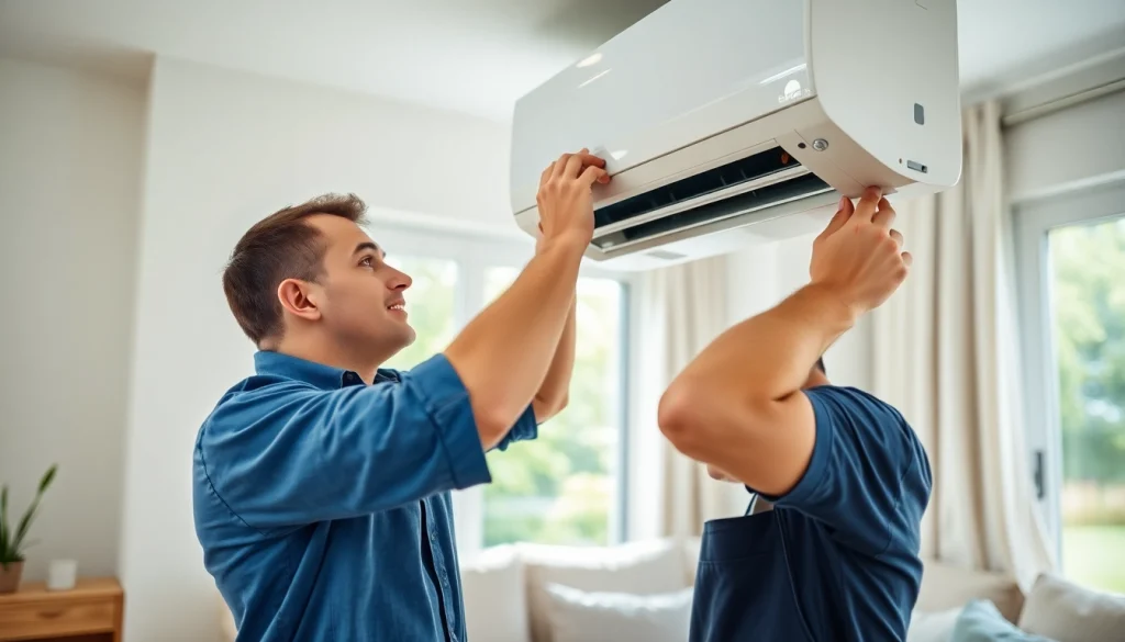 Technician executing AC installation services with precision in a bright, modern home