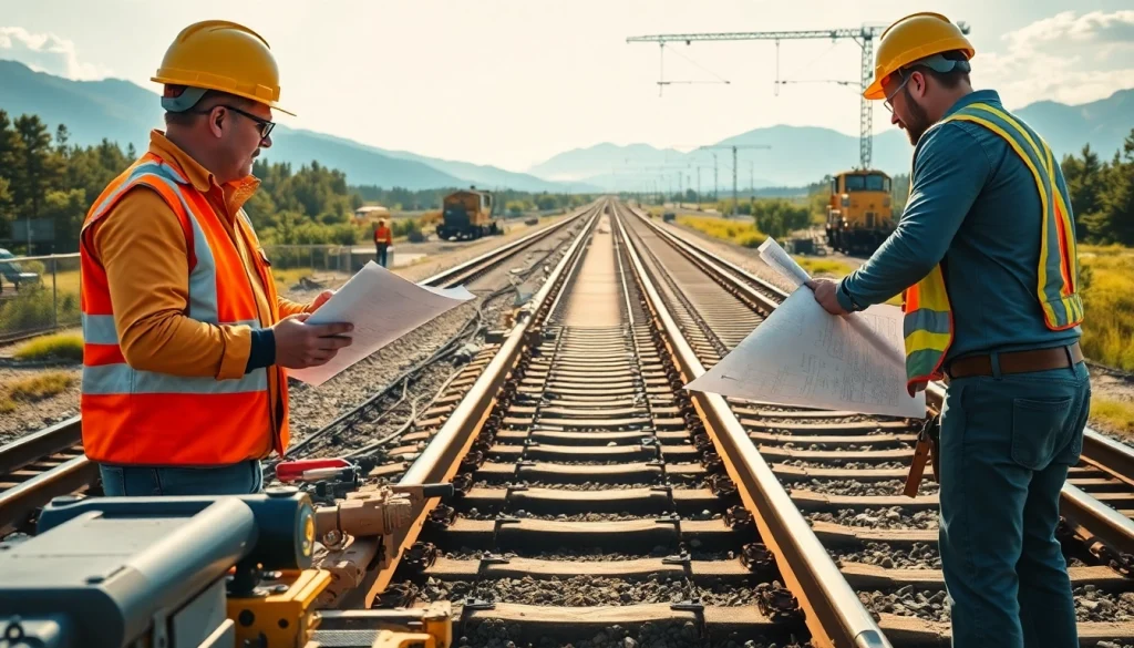 Railroad Contractors collaborating on track construction, emphasizing teamwork and precision.