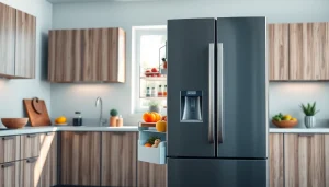 Modern Refrigerator open to reveal fresh produce and condiments in a stylish kitchen.
