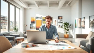 Projektant wnętrz pracujący w nowoczesnym studiu z kolorowymi próbkami.