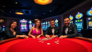 Gambling thrill at jun88pl.com with players enjoying a luxurious casino experience.