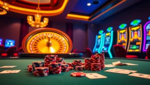 Exciting gaming atmosphere at LC88 with roulette, poker chips, and vibrant slot machines.