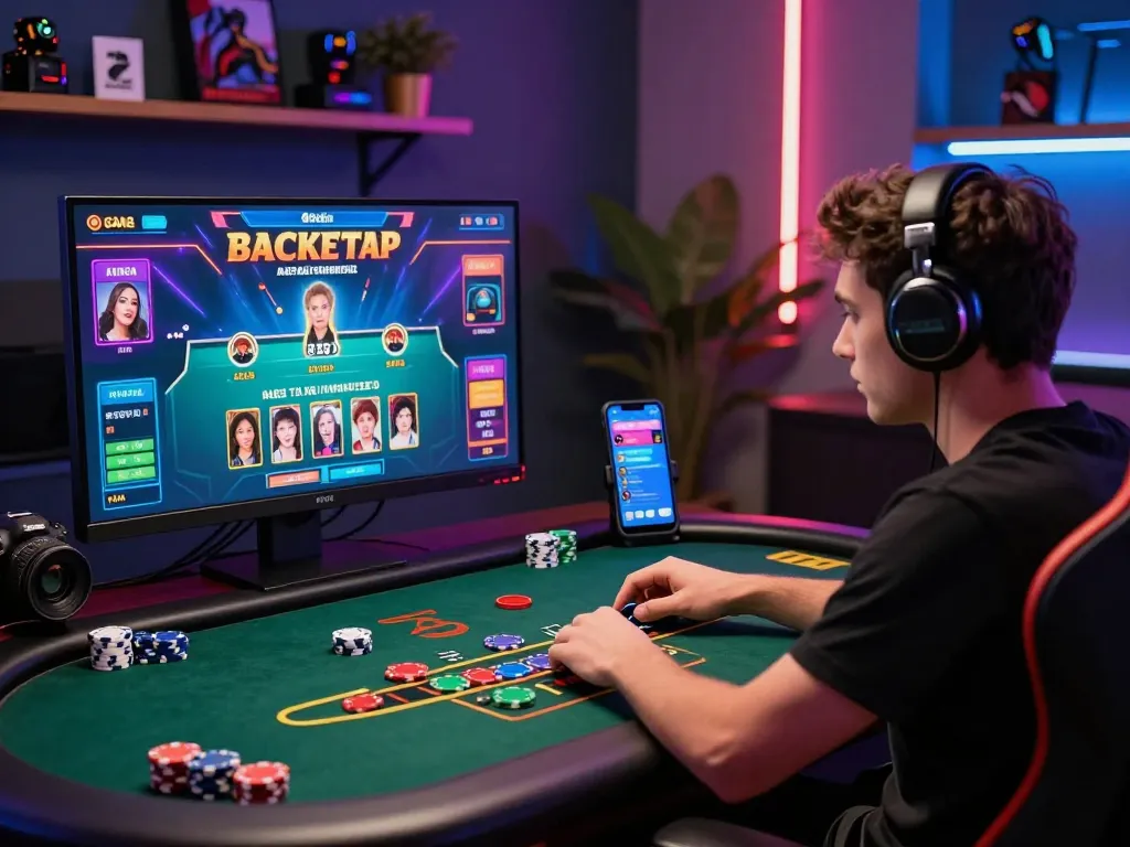 Player engaged in an exciting baccarat game online at a well-lit gaming desk, showcasing vibrant graphics and chips, representing the world of 바카라사이트.