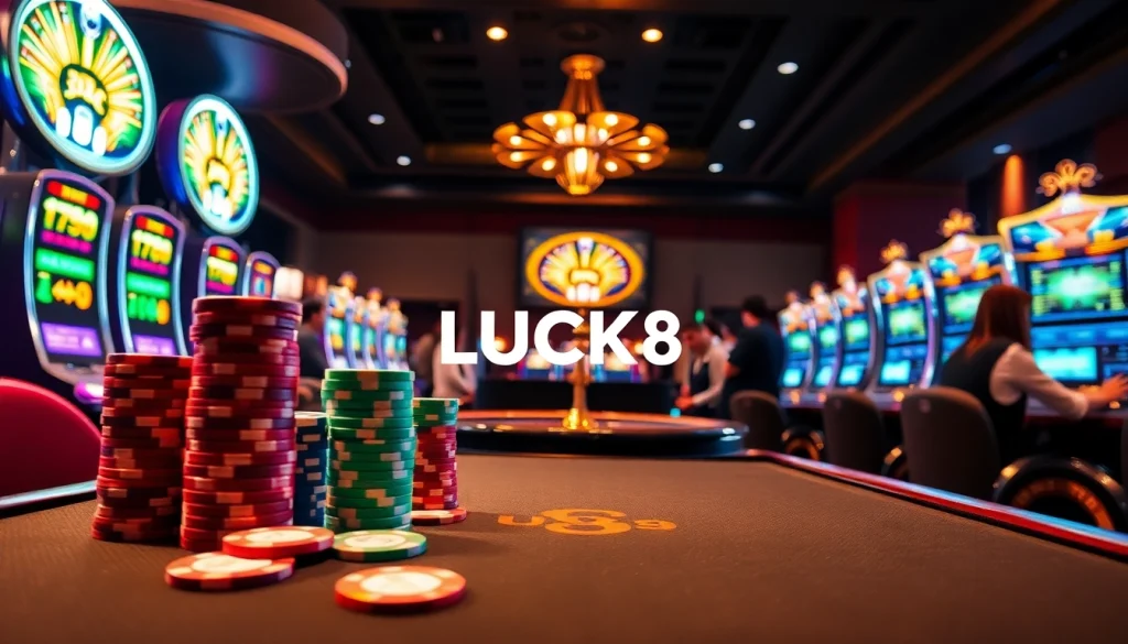 LUCK8 showcases a luxurious casino scene with vibrant poker chips and slot machines for an engaging experience.