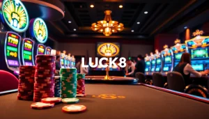 LUCK8 showcases a luxurious casino scene with vibrant poker chips and slot machines for an engaging experience.