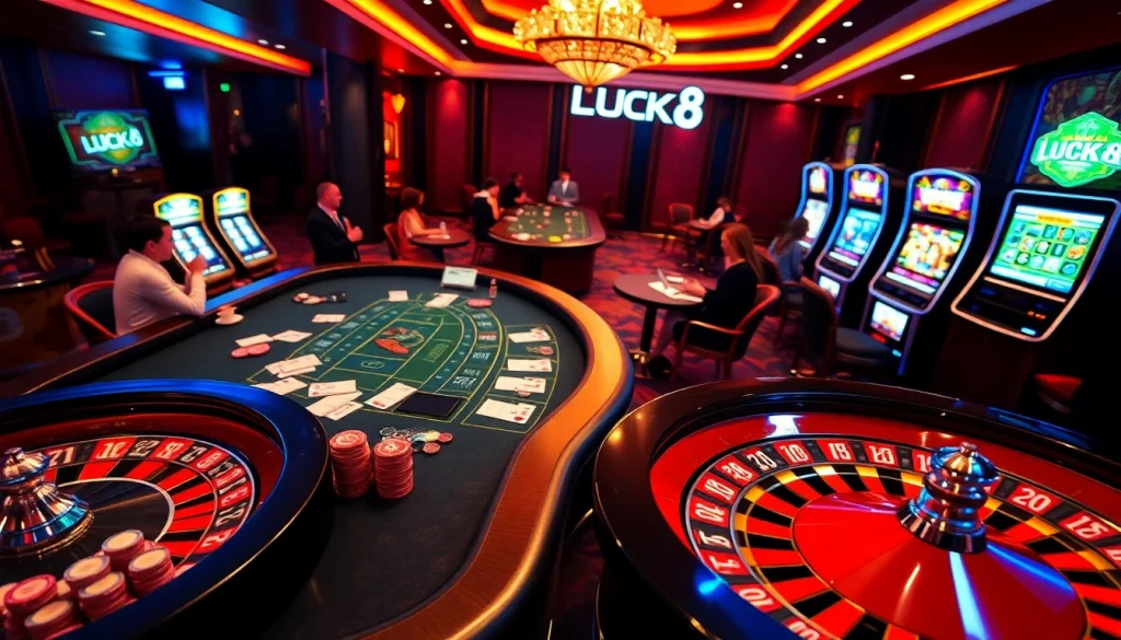 Experience high-stakes excitement with LUCK8 Casino's vibrant gaming scene featuring tables, chips, and players.