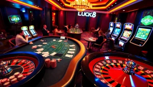 Experience high-stakes excitement with LUCK8 Casino's vibrant gaming scene featuring tables, chips, and players.
