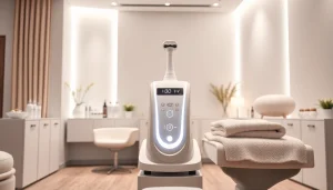 Hydrofacial machine 3 in 1 in a modern beauty salon, showcasing sleek design and skincare products.