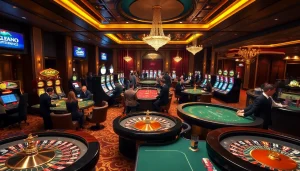 Cette scène captivante de casino en ligne présente des tables de blackjack palpitantes et des machines à sous vibrantes.