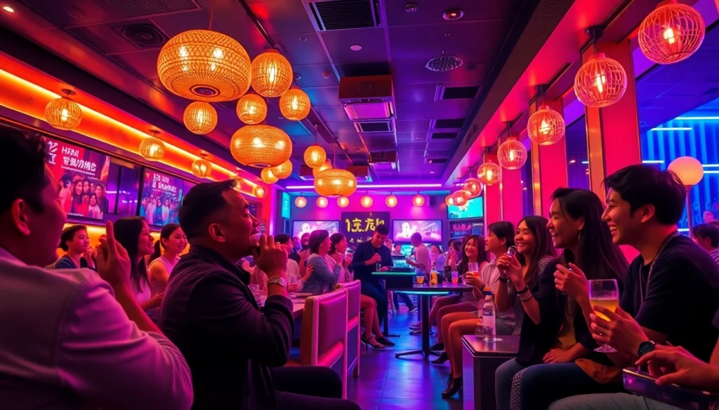 음료를 즐기며 즐겁게 노래 부르는 고객들이 있는 활기찬 제주 노래방 장면을 보여주는 제주도유흥