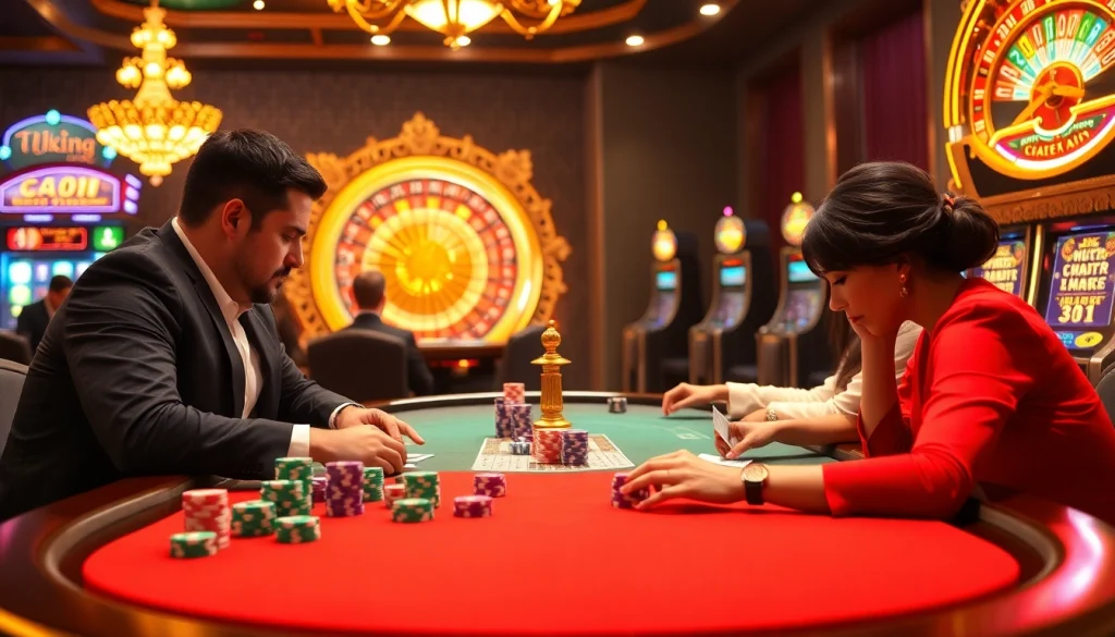 Joueurs engagés à une table de poker luxueuse, vivant l'excitation du casino en ligne.