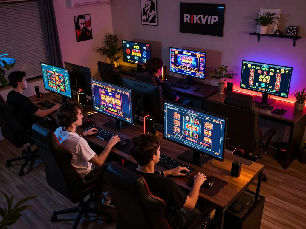 Engaged player experiencing the RIKVIP online casino interface in a cozy home setup