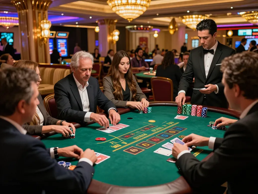 Dynamic scene of game 98win in a luxurious Vegas casino blackjack room, players focused on the dealer