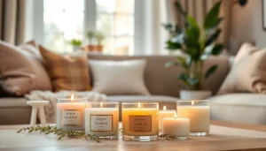 Mirisne svece blistaju u udobnom dnevnom boravku sa elegantnim detaljima.