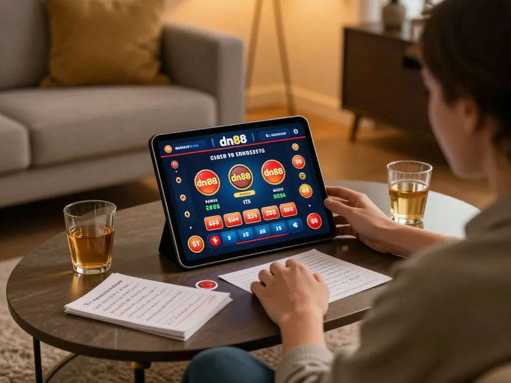 Engaging with dn88 online casino on a tablet in a cozy home setting