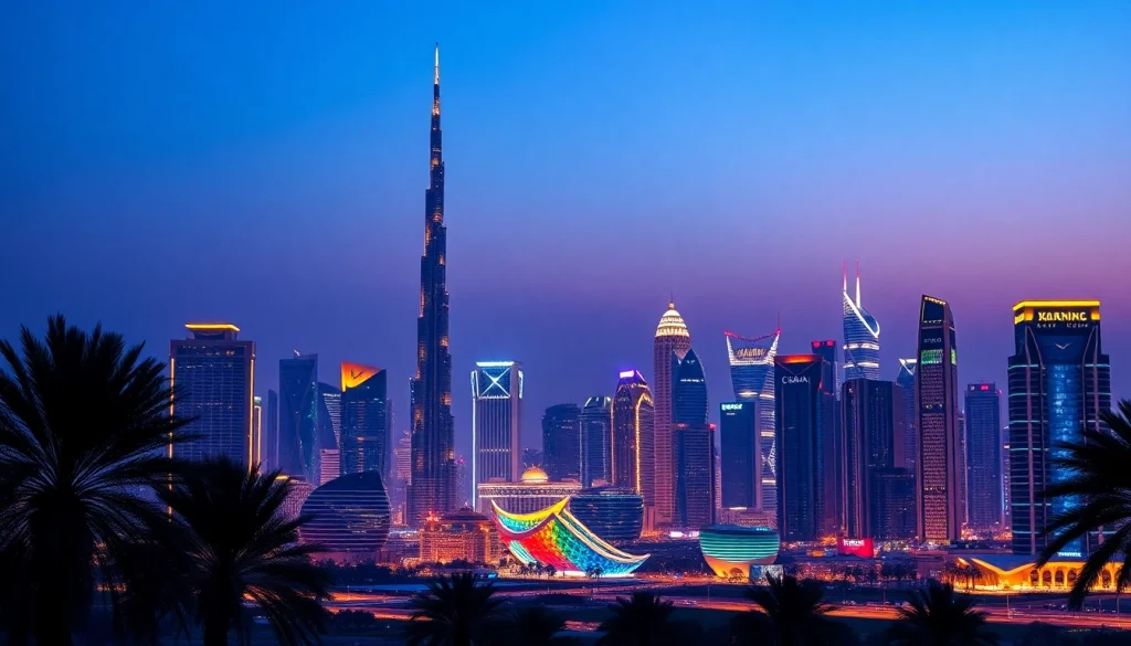 Explore Dubai's stunning skyline at dusk with vibrant lights and iconic architecture.