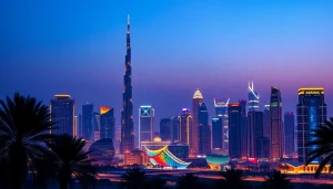 Explore Dubai's stunning skyline at dusk with vibrant lights and iconic architecture.