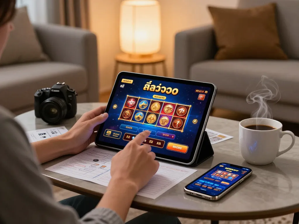 Engaging in online casino gaming with สล็อตวอเลท using a tablet in a cozy living room.