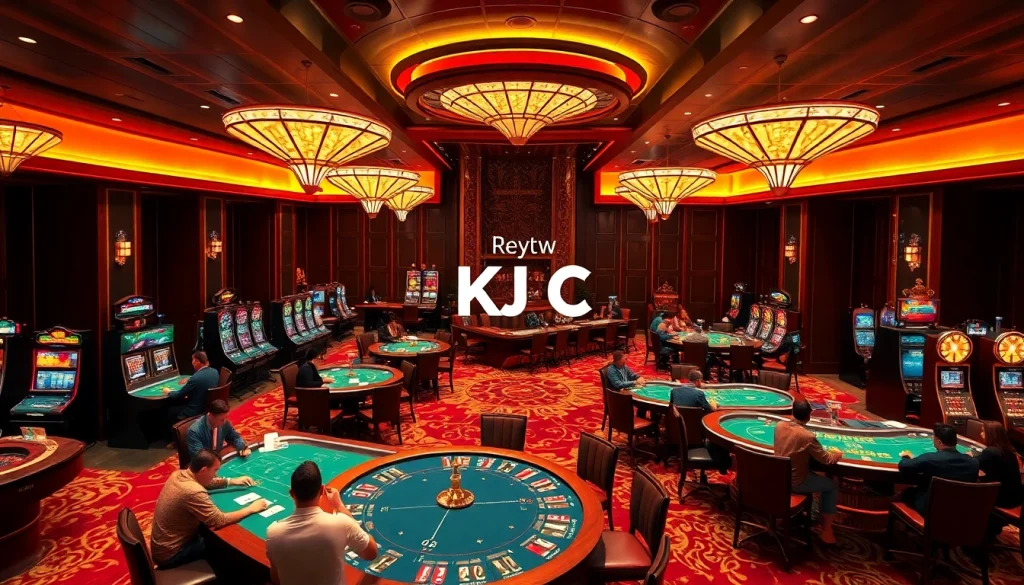 A thrilling scene at the casino featuring KJ C gaming tables, poker chips flying during play.