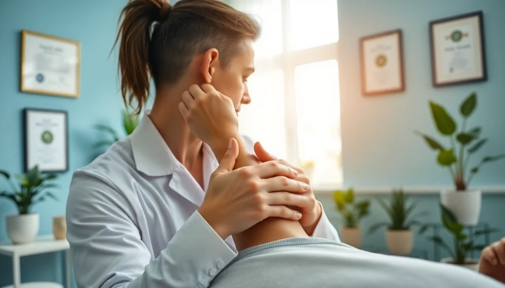 Chiropractor near me providing a spinal adjustment in a tranquil clinic environment.