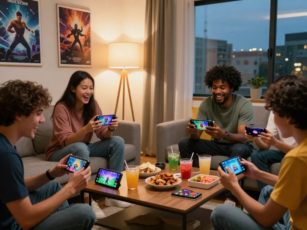 Friends enjoying the Go88 mobile game in a cozy living room setting.