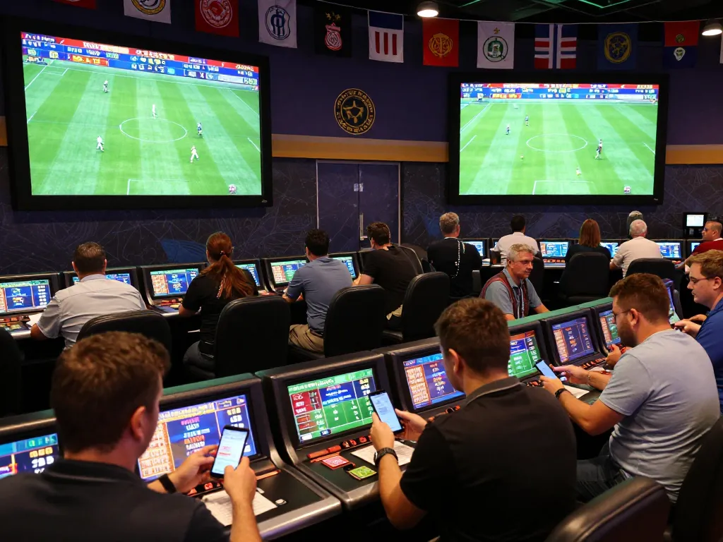 Tỷ lệ cá cược bóng đá hôm nay highlighted as bettors engage in lively sports betting atmosphere.