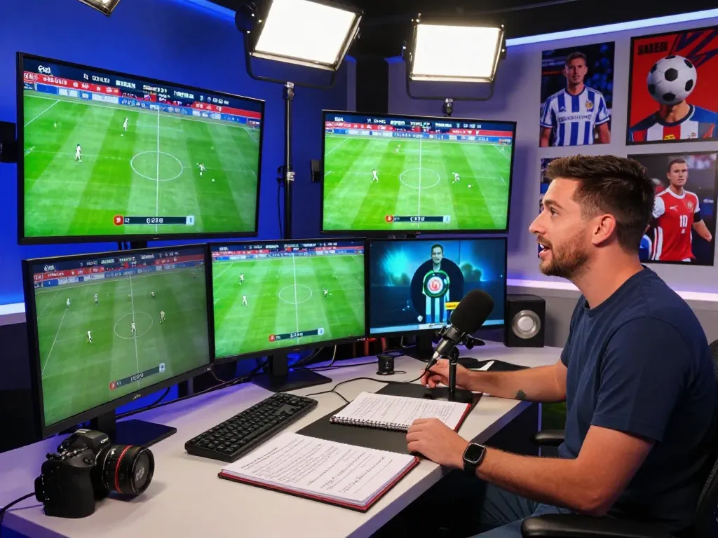 Engaging Cakhia tv sports streaming setup with live football match, commentator, and vibrant atmosphere