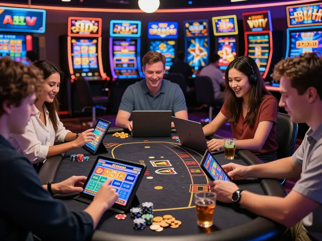 Group enjoying bayitoto gaming experience with vibrant screens and excitement