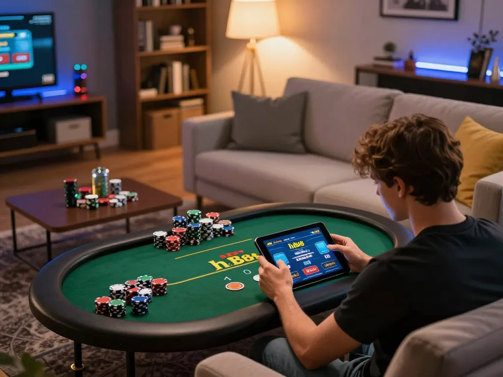 Engaging in hb88 free poker game on a tablet at home, showcasing a cozy gaming atmosphere with chips nearby.