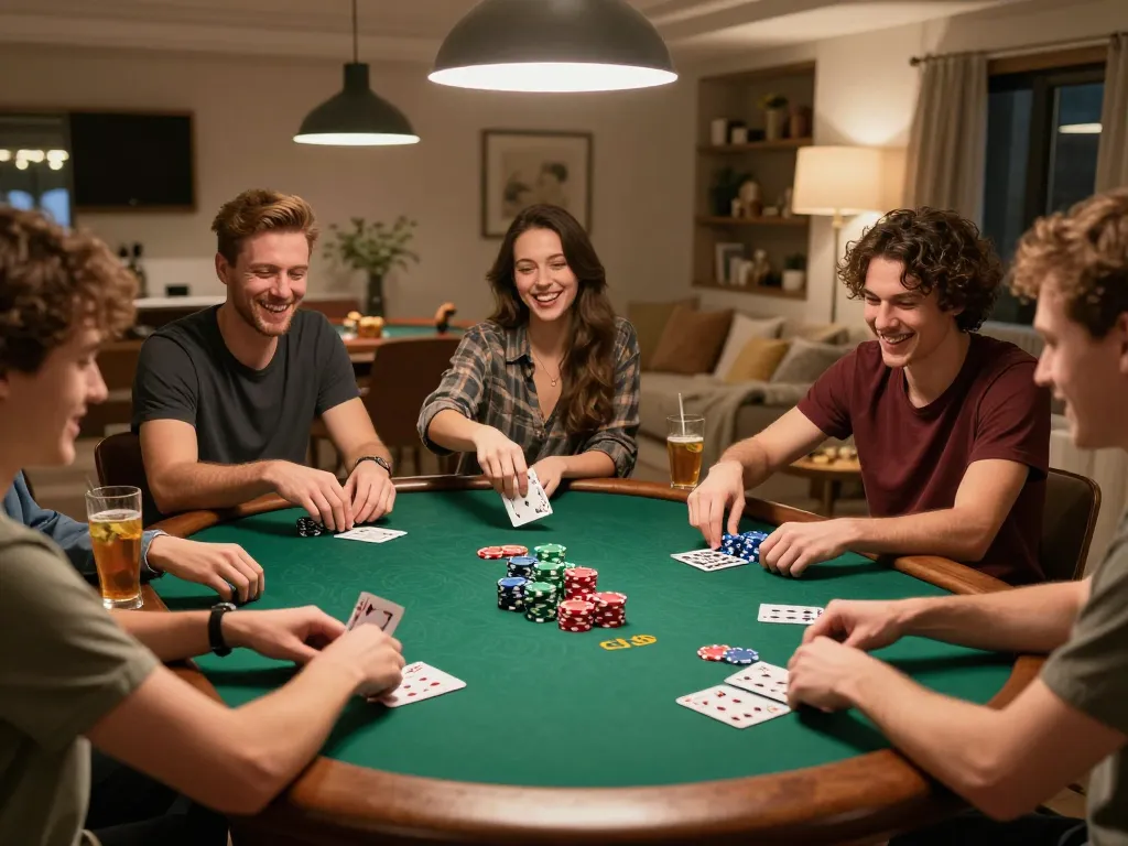Friends enjoying an engaging poker night while managing bankroll strategies with link w18.