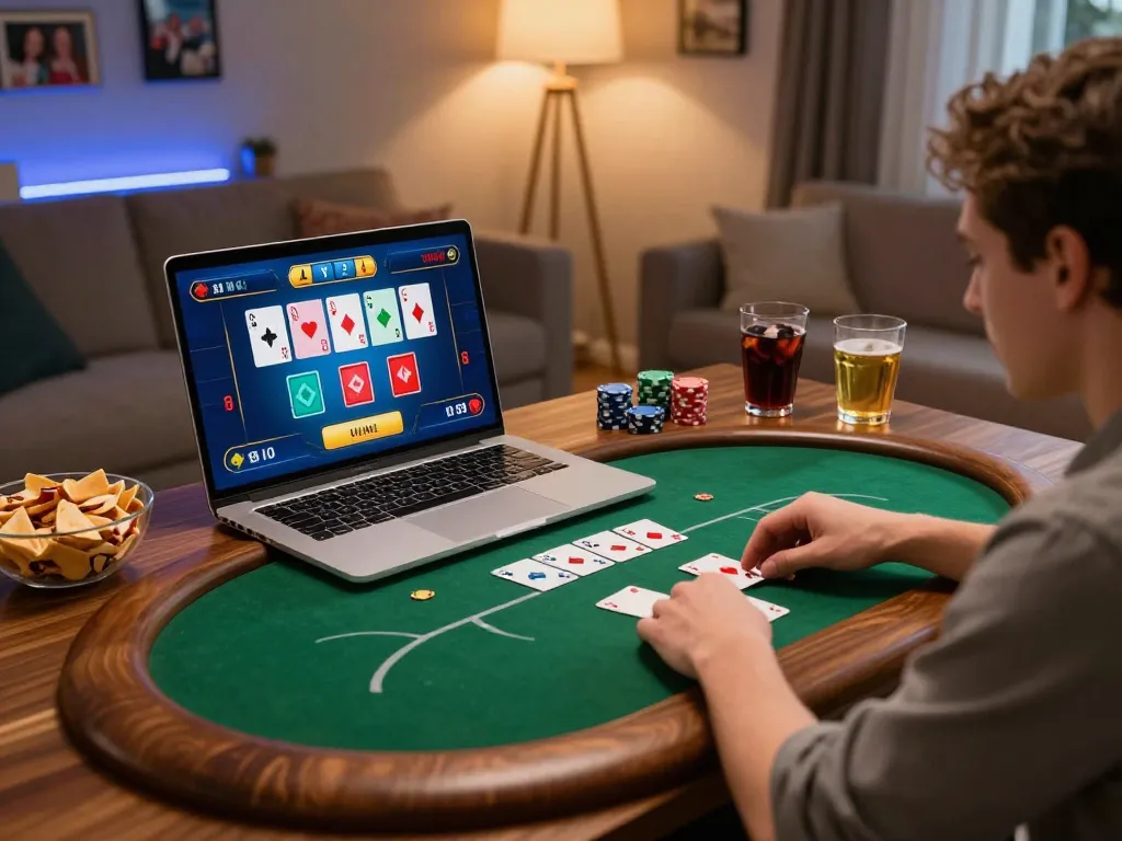 Player engaging in a thrilling BK8 online poker game from a cozy home setup.