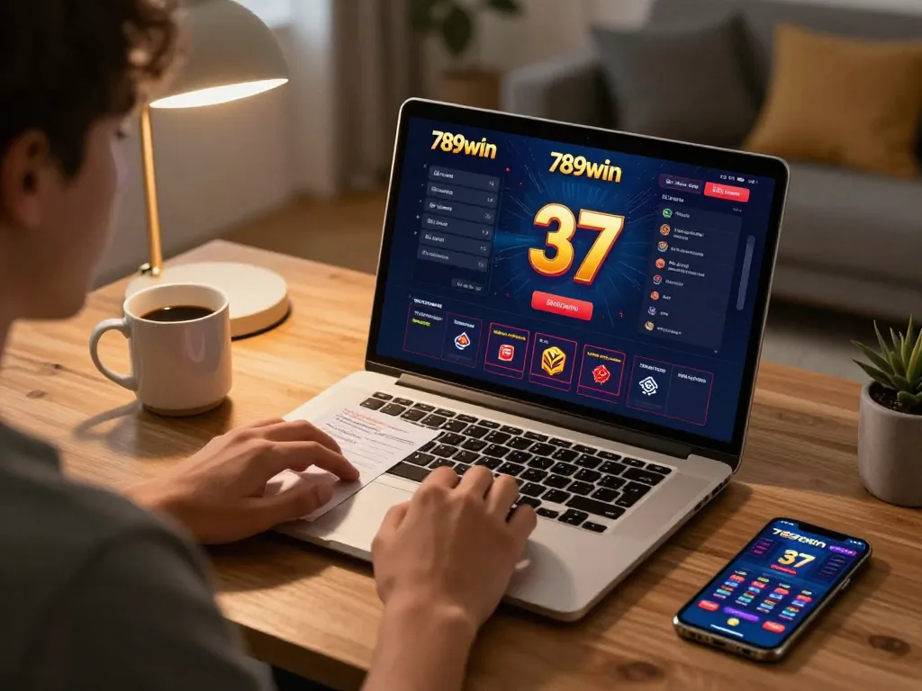 Engaged player at home using 789win 37 online casino app on laptop with strategic notes.