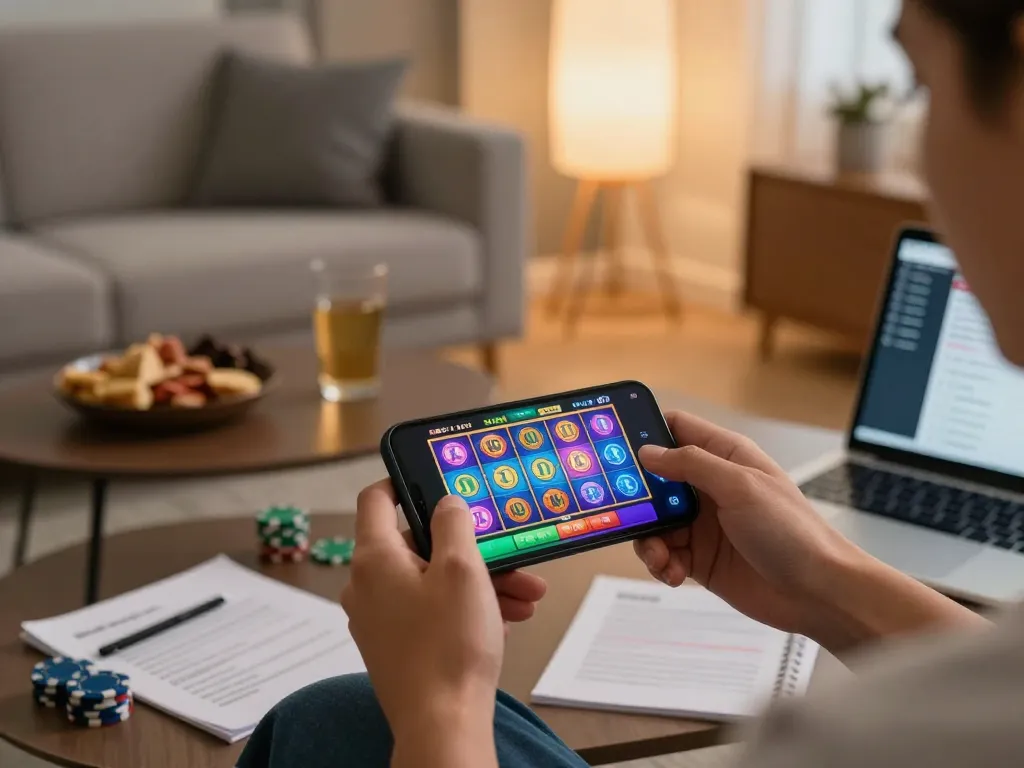 Engaging with a mobile casino app, showcasing the jilipinas link in a cozy and strategic gaming environment