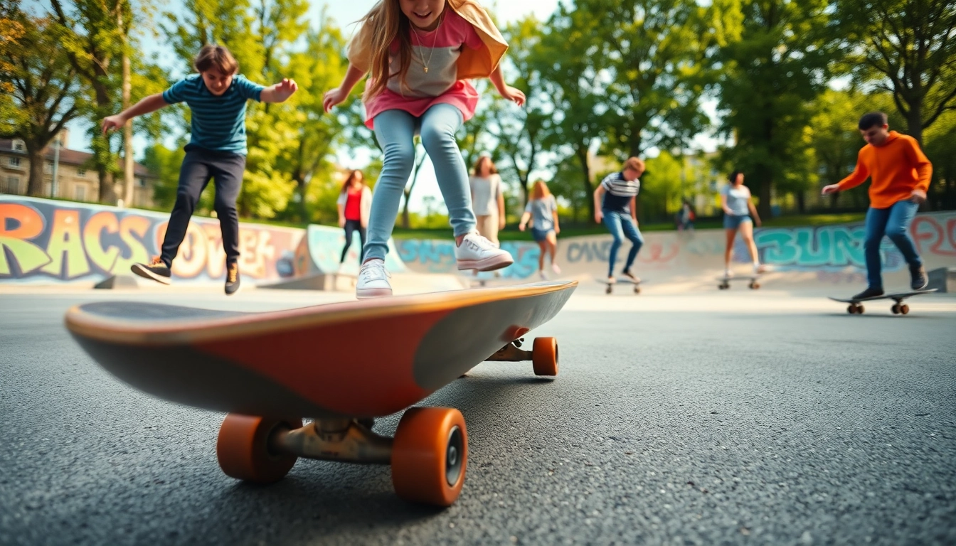 Skate Academy Paris features skateboarders showcasing skills in an energetic park.