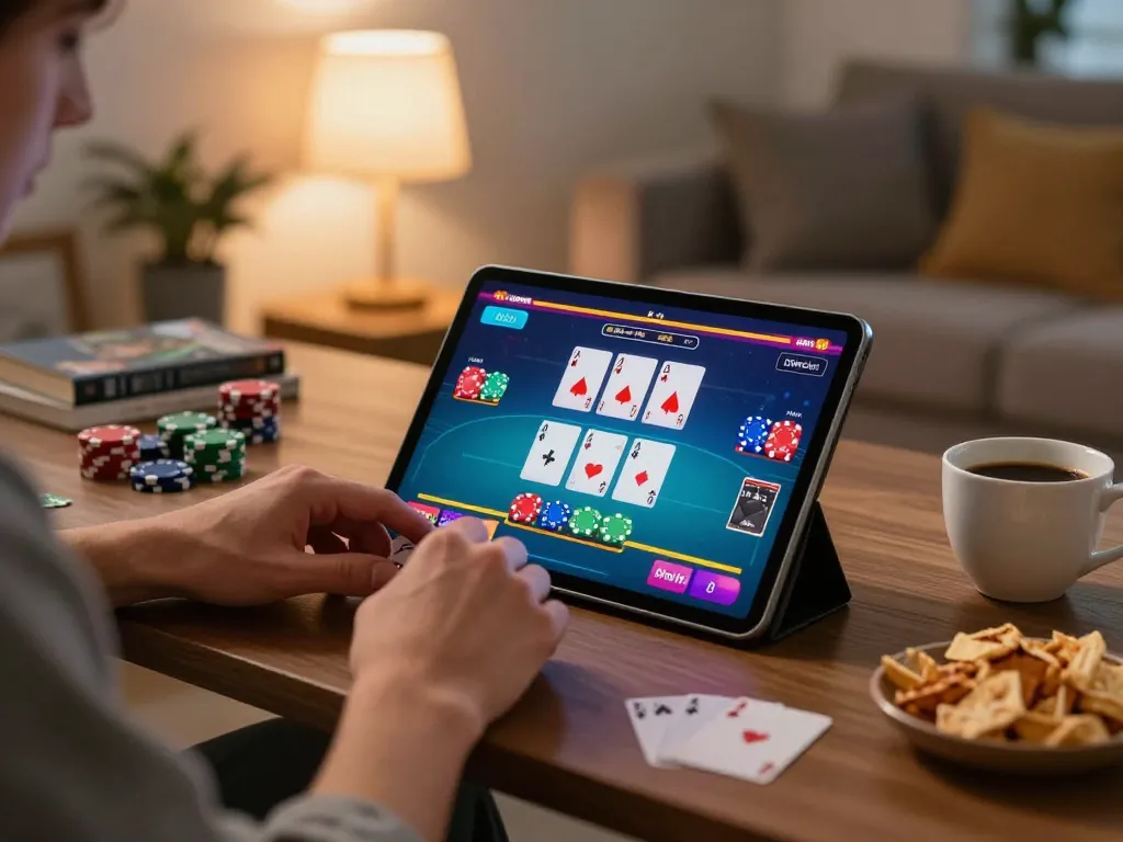 Engaging online poker gameplay on a tablet at home while placing bets on 388bet.