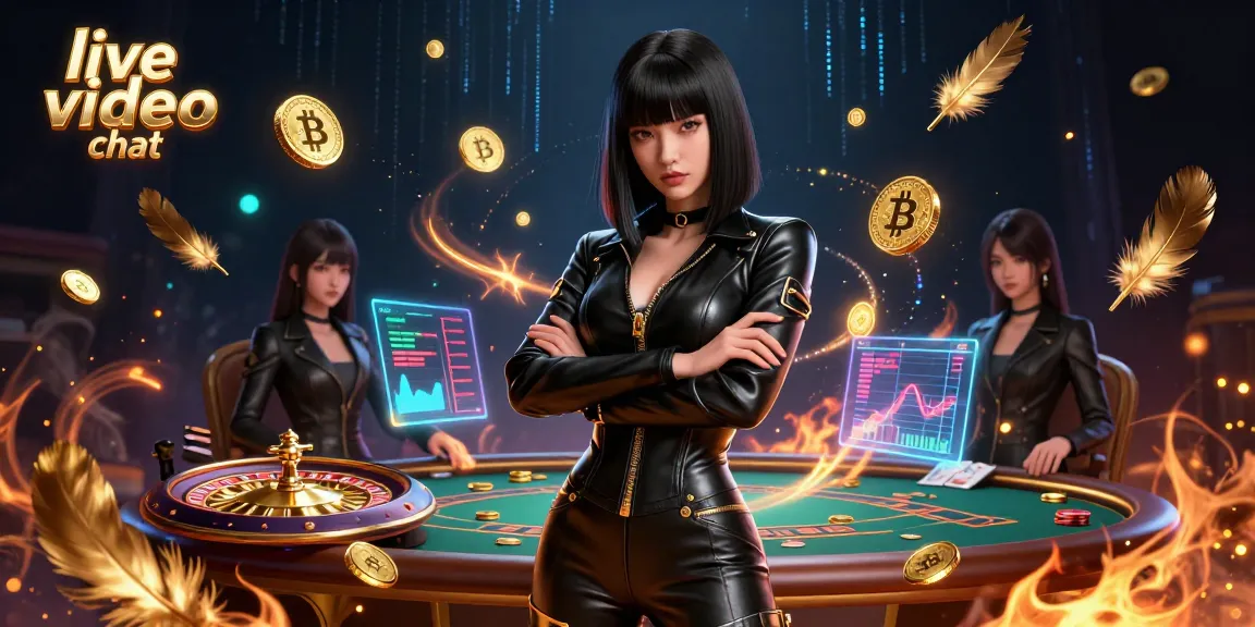 Engage in live video chat with a vibrant scene of a stunning Asian woman at a casino, surrounded by dynamic elements.