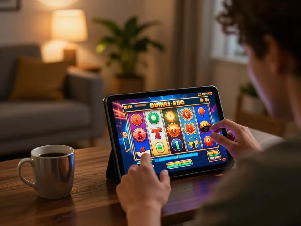 Player enjoying a slot gacor gampang menang game on a tablet in a cozy home environment.